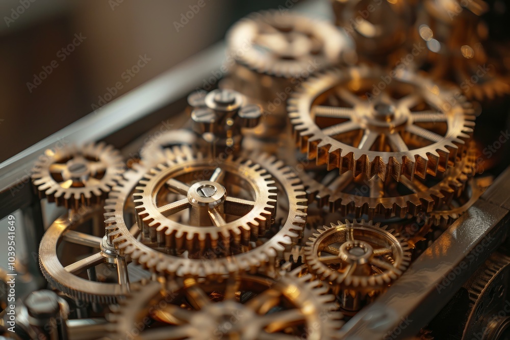 Poster close up view of multiple metallic cogwheels forming a clockwork mechanism