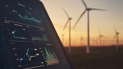 A digital display shows data analytics with wind turbines in the background during sunset, highlighting renewable energy progress.