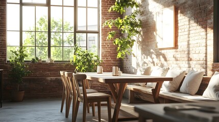 Obraz premium Modern Loft Interior Design with Exposed Brick Wall Wooden Table and Chairs