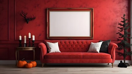 Modern minimalist wall art mockup of red luxury living room for Halloween, blank frame for wall art mockup of sofa living room, Halloween and Christmas spooky scary vibes of the room interior design