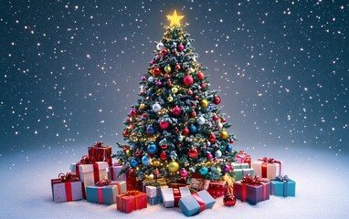 A beautifully decorated Christmas tree adorned with colorful ornaments and surrounded by wrapped gifts, set against a snowy backdrop.