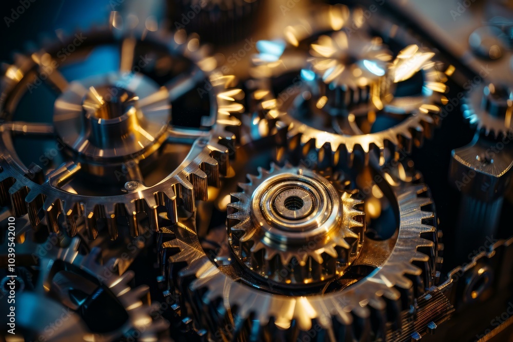 Poster close up view of intricate clockwork gears working together in a complex and precise mechanism