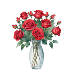 Red rose bouquet with isolated background, Watercolor red roses in glass vase with isolated background, Minimalist watercolor red roses with isolated background.
