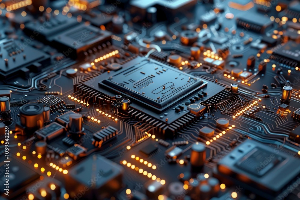 Poster modern cpu processor transforming information while illuminating the surrounding circuit board