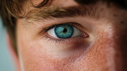 Obraz premium A tight shot of a man's azure eye, adorned with freckles, accompanied by a few on his cheek