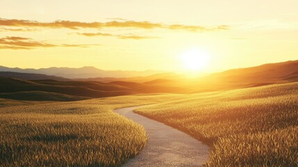 Serene Winding Road at Sunset in Open Field