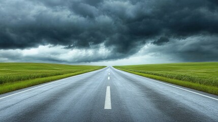 Fototapeta premium A scenic view of a long, winding road stretching through lush green fields under a dramatic sky filled with dark, stormy clouds.