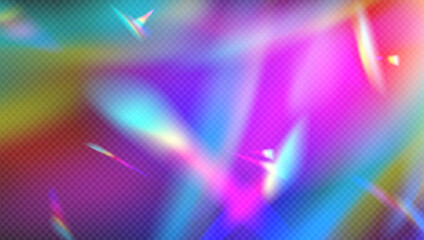 Obraz premium Rainbow light flare effect or camera film filter, background and gradient texture with holographic bokeh, neon and iridescent stripe. Retro movie, cinema or photo glow effect. Prism light refraction.