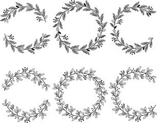 Monochrome Christmas Wreath Circle And Semi Circle Frames Set. Elegant, Minimalist Design. Black And White Vector Illustration For Holiday Decor, Invitations, Greeting Cards, And Festive Border.
