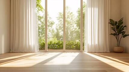 Bright and airy interior with large windows, sheer curtains, and warm wooden flooring, inviting natural light and a touch of greenery indoors.