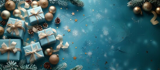 Bright blue New Year background with golden Christmas decorations, festive gift boxes, and blue fir branches, designed with space for personalized greetings or messages 2026 - 2027.