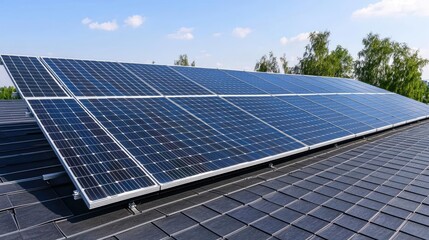 Solar panels installed on a rooftop, surrounded by greenery and blue sky.