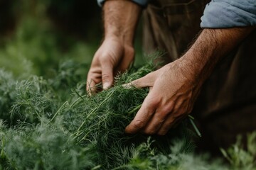 In this close-up image, a pair of skilled hands is collecting organic dill plants, highlighting the delicate textures of the herbs and the profound dedication to sustainability.