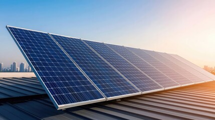 Solar panels on a rooftop under bright sunlight with city skyline in background.