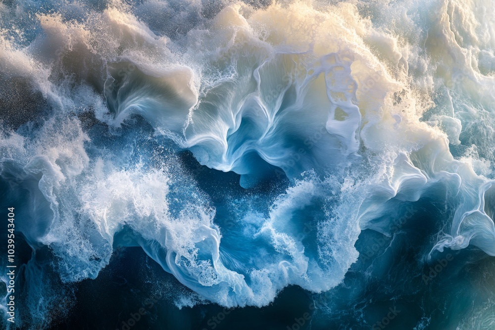Poster this image captures a breathtaking view of a dynamic ocean wave swirling with foamy white currents, 
