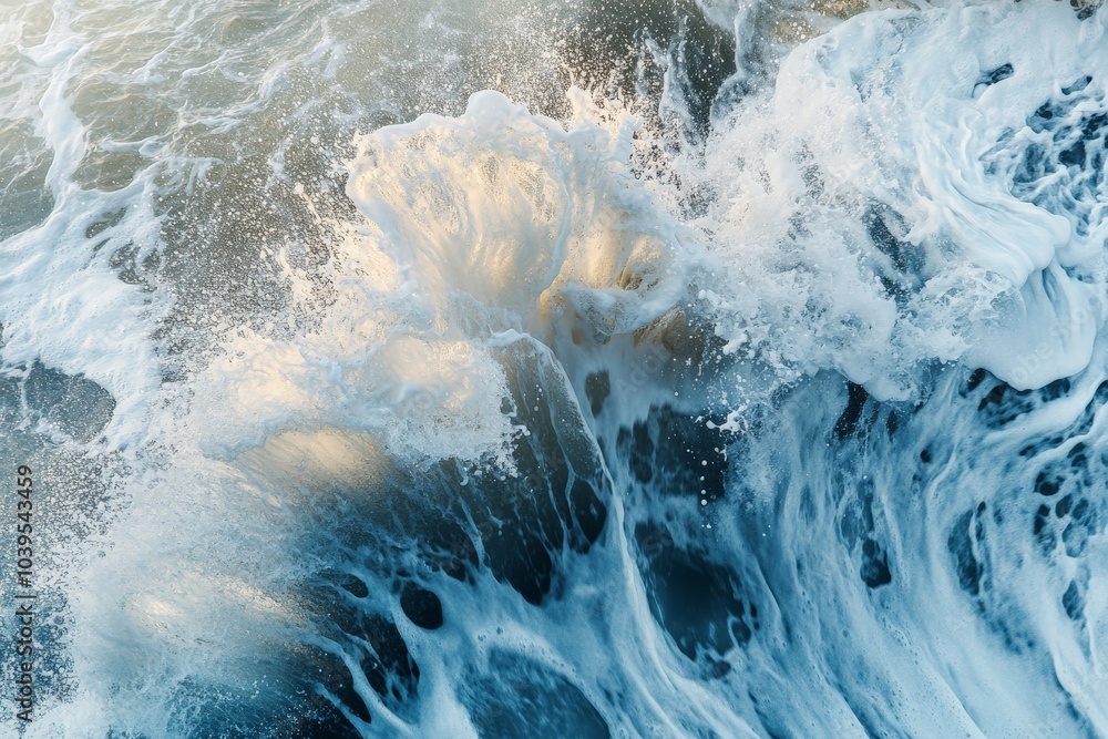Aufkleber this image depicts an explosive ocean wave violently breaking with intense white foam, capturing the