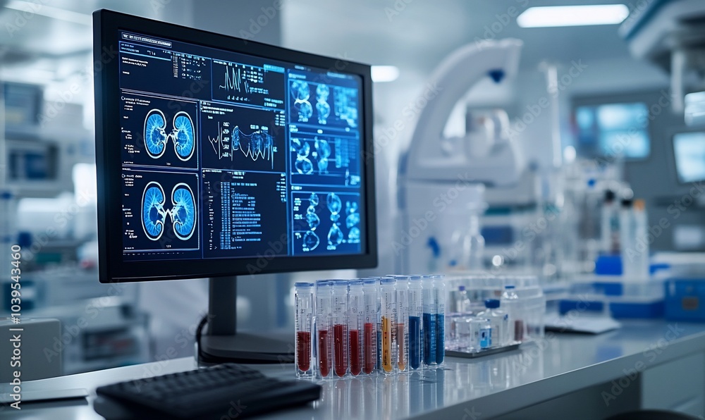 Poster a computer monitor displays medical data in a laboratory setting. test tubes filled with colored liq