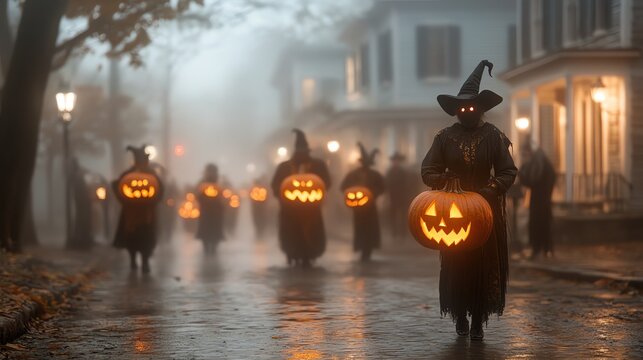A group of mysterious figures in hooded cloaks walk down a foggy street, carrying jack-o-lanterns. - Powered by Adobe