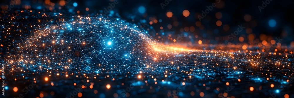 Poster Breathtaking Cosmic Particle Flow - Futuristic Digital Energy Network Abstract Background. Captivating visual representation of interconnected data,energy,and motion in a dynamic,luminous.