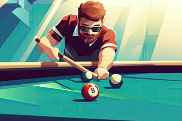 A bearded man in sunglasses preparing to take a shot on a pool table.