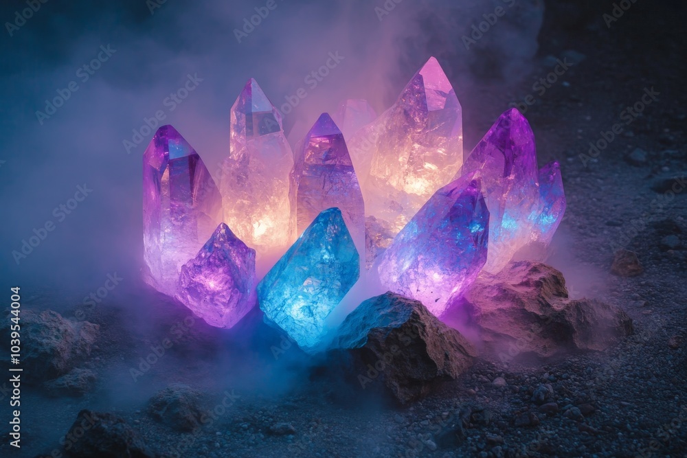 Poster An array of colorful glowing crystals lies enveloped in a mystical fog, bringing forth a sense of dreamlike serenity and celestial beauty to behold.