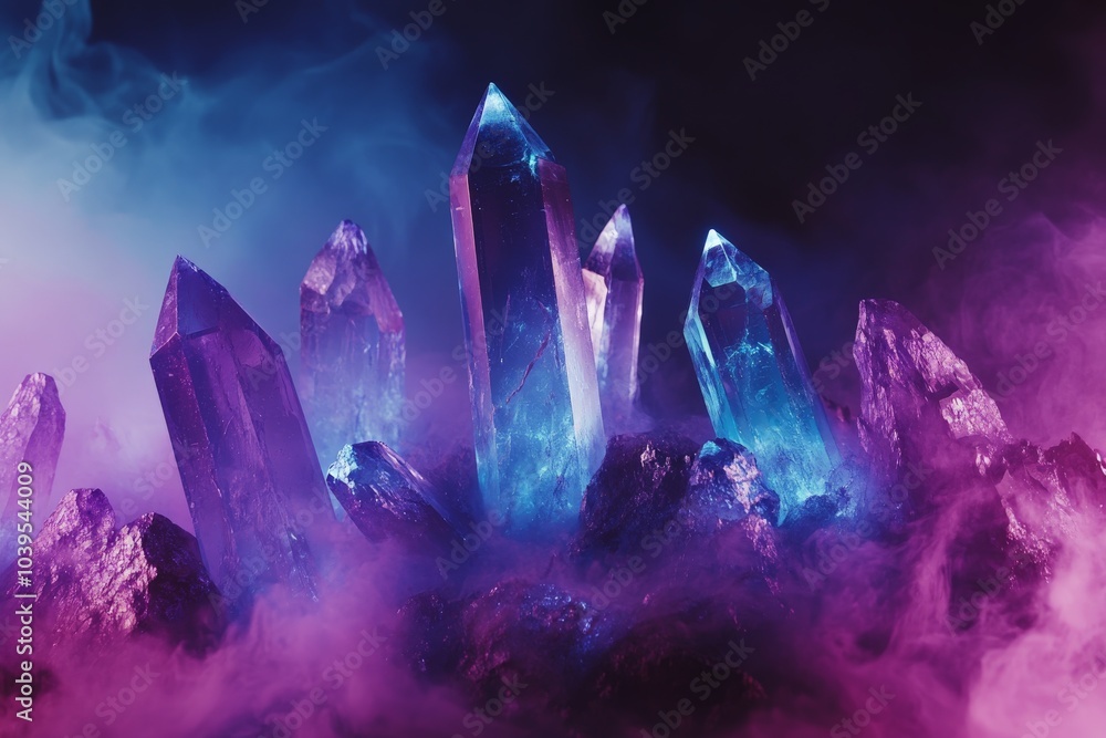 Poster A mesmerizing view of radiant blue crystals engulfed in a mysterious violet and pink mist, creating an intriguing and enigmatic visual spectacle.