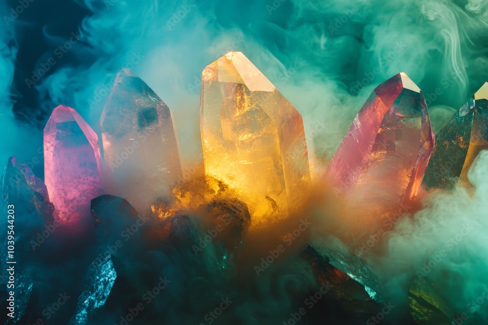 Poster A vibrant array of crystals illuminated in glowing hues of orange and pink, set against a misty background, creating a mystical and enchanting ambiance.