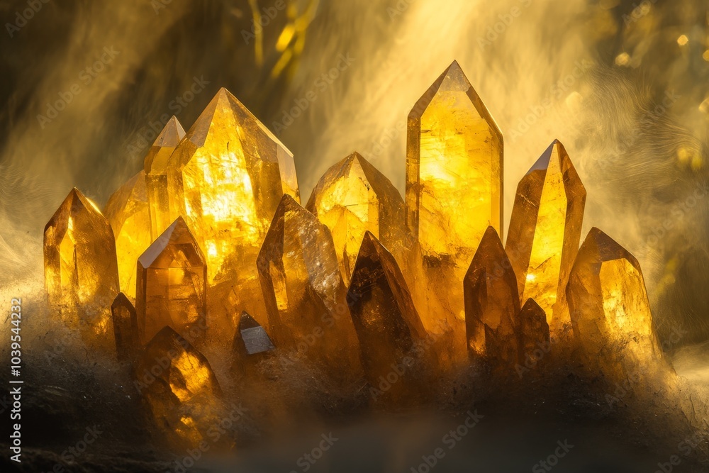 Poster a breathtaking array of golden crystals basking in warm light, radiating an aura of purity and capti