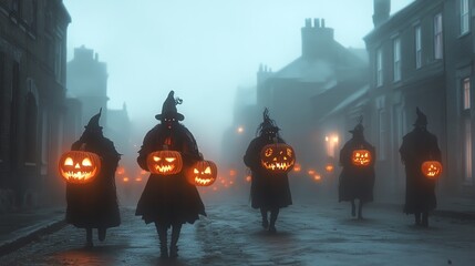 Silhouettes of figures in witch costumes walk through a foggy street on Halloween night.