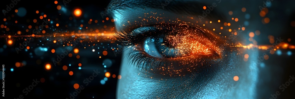 Poster captivating close-up view of a digitally enhanced eye,glowing with vibrant,futuristic energy and spa