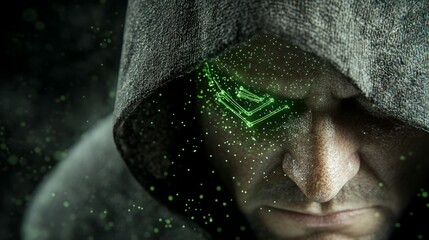  A tight shot of someone in a hoodie with a green glow emanating from the hood's opening