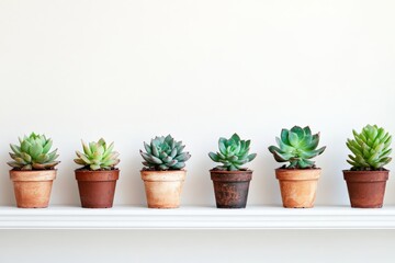 Fototapeta premium This display features a variety of succulents placed in vintage-style pots against a clean white background, providing a striking contrast and showcasing natural decor.
