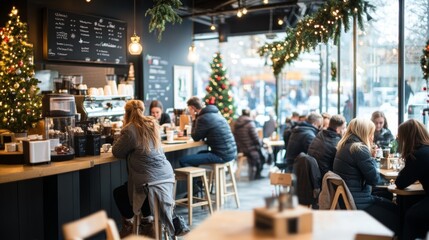 Cozy Christmas cafe decorated for the holidays