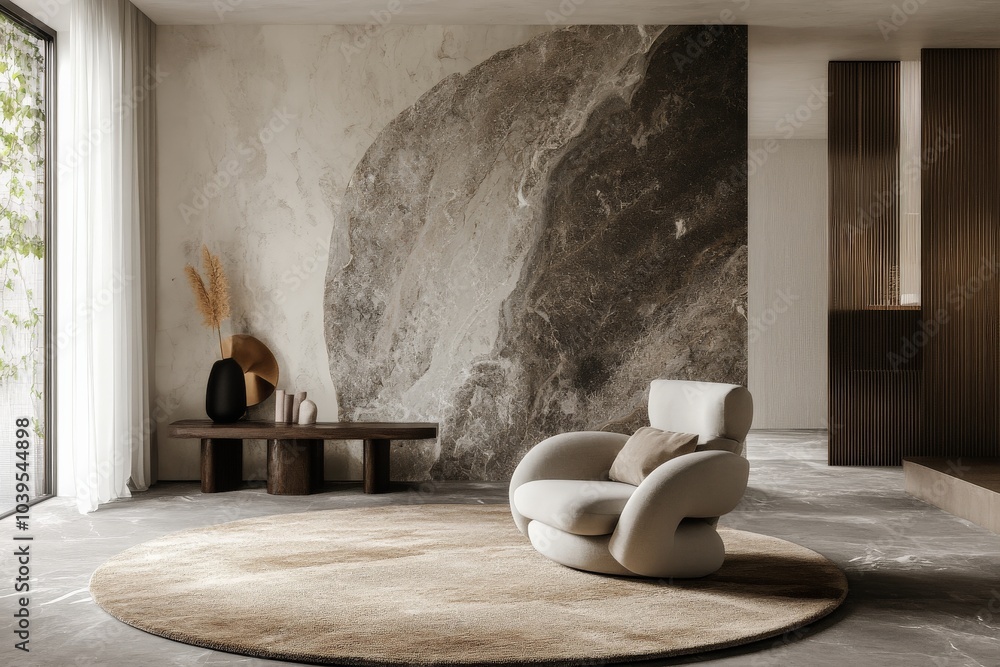 Poster a sophisticated room showcasing elegant seating accompanied by decor elements, skillfully combining 