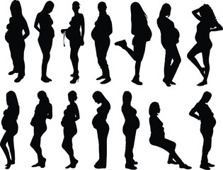 Set of pregnant woman full body silhouette illustration