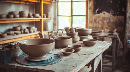 A serene pottery studio with spinning wheels, Clay creations in progress, Artistic studio style