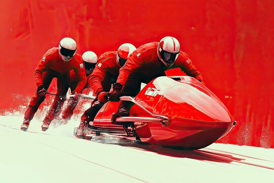 Red bobsled team racing down a snowy track