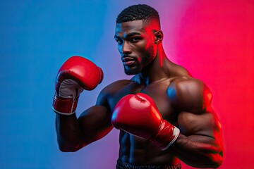 Muscular Boxer Wearing Red Gloves Under Blue and Red Lighting
