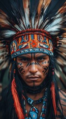 Obraz premium A striking portrait of a tribal man adorned with vibrant feathers and traditional tattoos, showcasing rich cultural heritage.