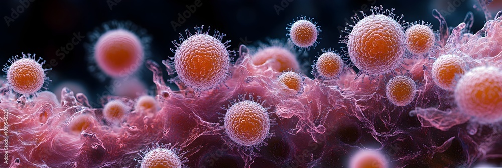 Aufkleber Closeup microscopic view of detailed microstructure and intricate cellular patterns of viral or bacterial microorganisms. Scientific background for medical,healthcare.
