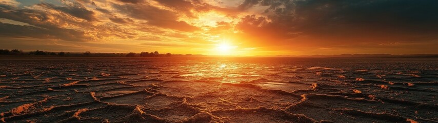 A stunning sunset over a cracked earth landscape, showcasing vibrant colors and serene atmosphere for nature lovers.