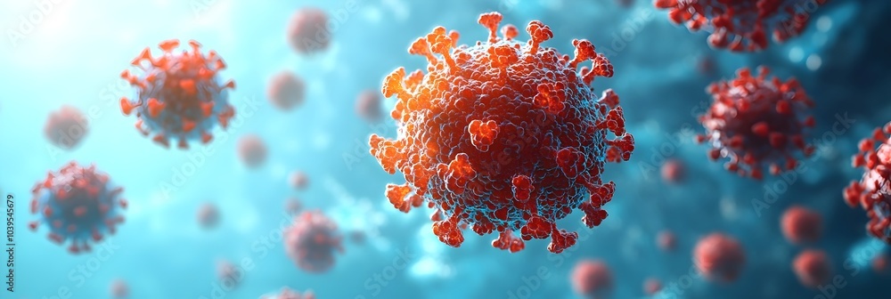 Aufkleber Closeup view of a detailed coronavirus particle structure with abstract blurry blue background. Microscopic image of the SARS-CoV-2 virus that causes the COVID-19 pandemic.