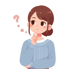 Young woman cartoon character thinking question in flat design on white background
