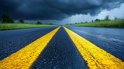 Rainy Road with Yellow Lines - Photo