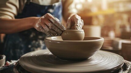 A serene pottery studio with traditional pottery wheels, Clay creations in progress, Artistic studio style