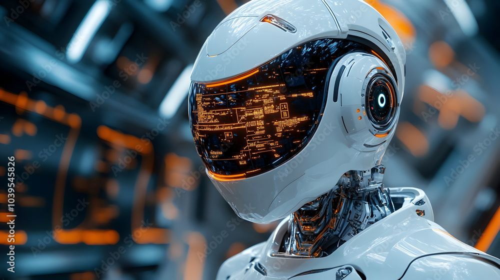 Poster close-up view of a futuristic,advanced robot with intricate mechanical components,circuits,and senso