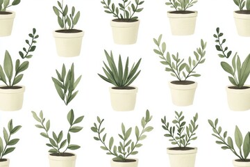 Obraz premium Seamless pattern of potted houseplants arranged in neat rows featuring a variety of indoor plants ideal for home decor wallpaper or eco conscious interior styling projects