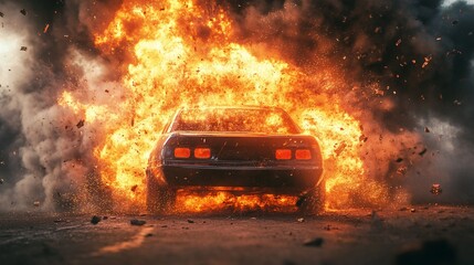 A classic car engulfed in flames amidst a fiery explosion, showcasing the intensity of destruction and chaos.