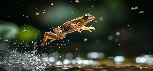 A frog leaps from the water, surrounded by water droplets and flying insects.