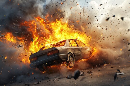 A vintage car exploding in fiery flames amidst an action-packed scene, showcasing the chaos of a dramatic explosion with smoke and debris.